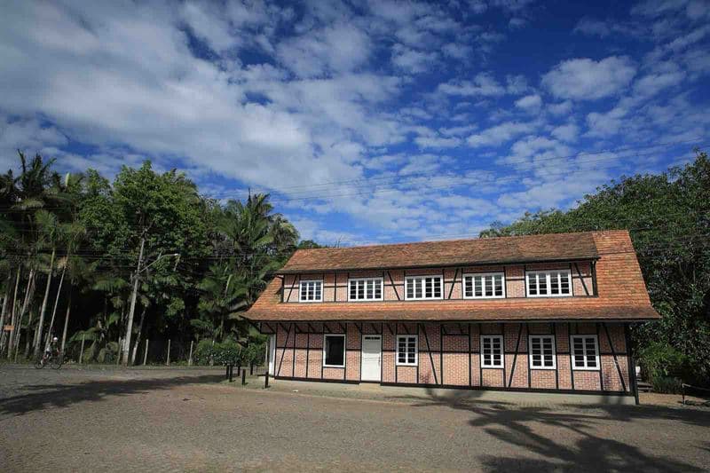 Casa em estilo enxaimel com telhado de barro em Pomerode, cercada de palmeiras sob céu azul.
